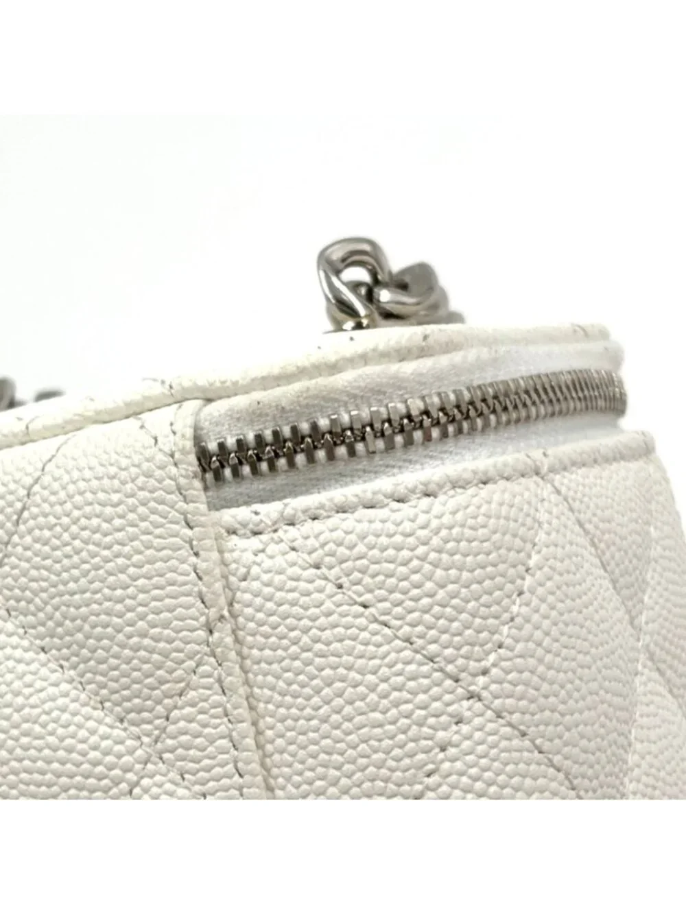 Chanel Classic Small Vanity Caviar Leather White Chain Shoulder Bag Silver